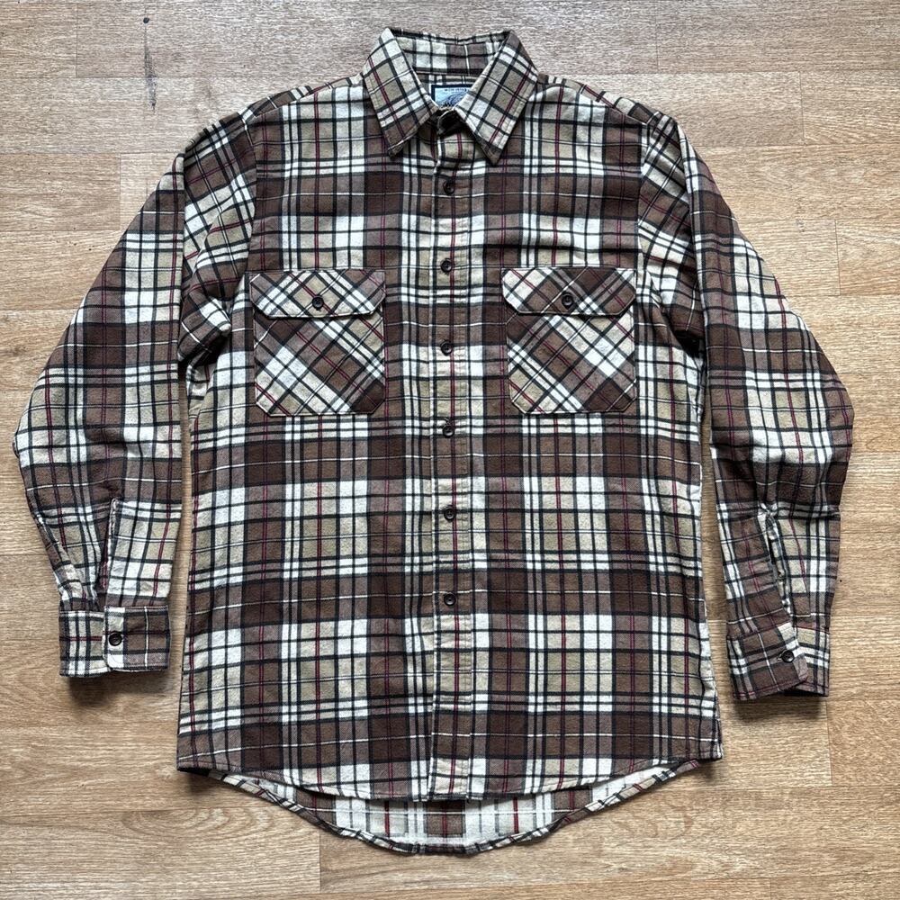 Vintage 70s Fieldmaster Sears Printed Plaid Shirt M Brown Perma-Prest USA 80s